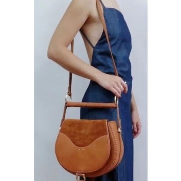 SANCIA THE BABYLON COGNAC BAR SUEDE LEATHER SADDLE BAG - Picture 1 of 11